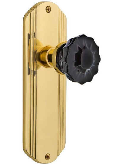 Streamline Deco Door Set with Colored Fluted Crystal Glass Knobs Black in Polished Brass.